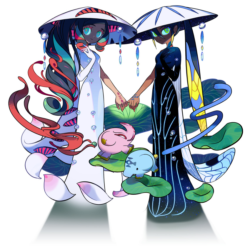 2girls, ao_dai, aqua_eyes, black_dress, blonde_hair, blue_hair, body_markings, breasts, closed_mouth, colored_eyelashes, dark-skinned_female, dark_skin, dress, elephant, fate/grand_order, fate_(series), full_body, game_cg, green_eyes, green_hair, hair_between_eyes, hat, highres, lily_pad, long_hair, looking_at_viewer, multicolored_hair, multiple_girls, navel, official_art, pinky_swear, ponytail, red_hair, siblings, sidelocks, single_sleeve, sisters, small_breasts, smile, standing, streaked_hair, take_(illustrator), tattoo, transparent_background, trung_nhi_(fate), trung_nhi_(third_ascension)_(fate), trung_trac_(fate), trung_trac_(third_ascension)_(fate), vietnamese_clothes, wavy_hair, white_dress, yellow_eyes