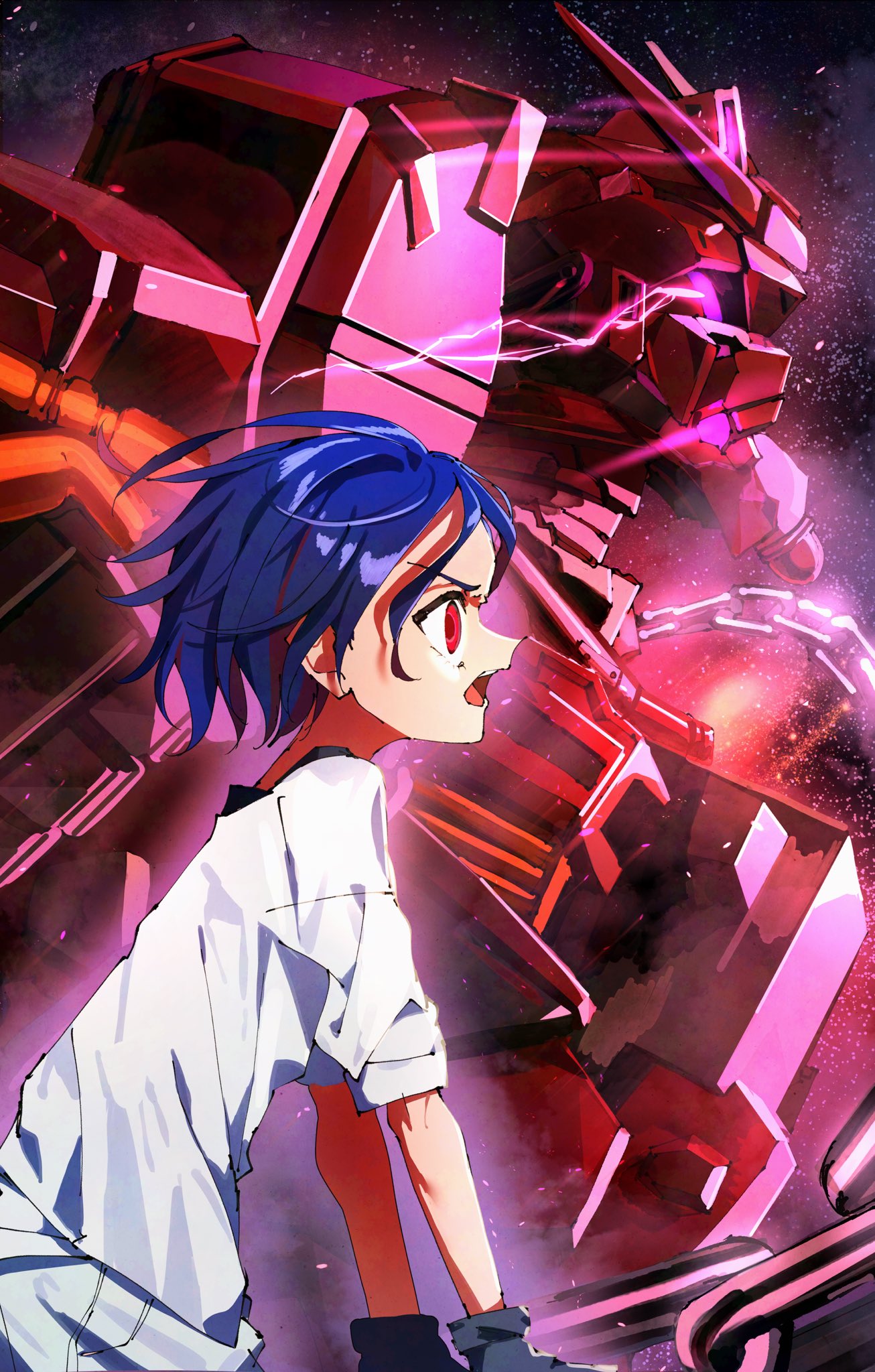 1boy, blue_hair, gloves, glowing, glowing_eyes, gundam, gundam_gquuuuuux, highres