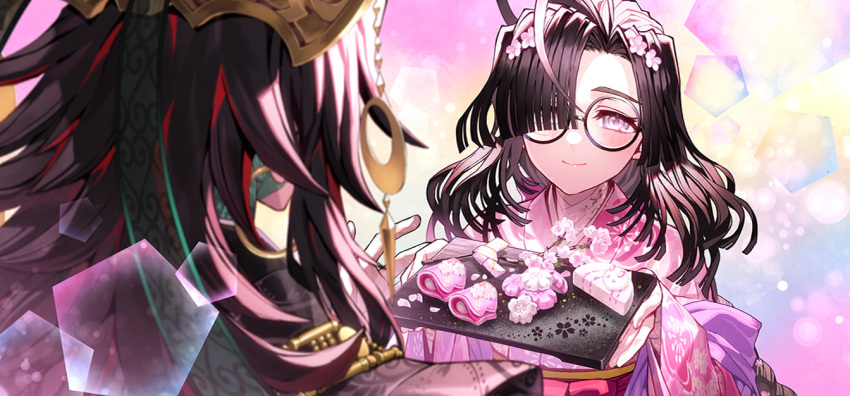 1boy, 1girl, ahoge, blush, braid, brown_hair, coke-bottle_glasses, earrings, fate/grand_order, fate_(series), father_and_daughter, floral_print, floral_print_kimono, flower, food, game_cg, glasses, hair_flower, hair_ornament, hair_over_one_eye, hat, holding, holding_food, holding_plate, hoop_earrings, japanese_clothes, jewelry, kimono, long_hair, long_sleeves, official_art, ono_no_komachi_(fate), ono_no_takamura_(fate), pink_kimono, plate, print_kimono, rainbow_background, routo, smile, third-party_source, violet_eyes, wagashi