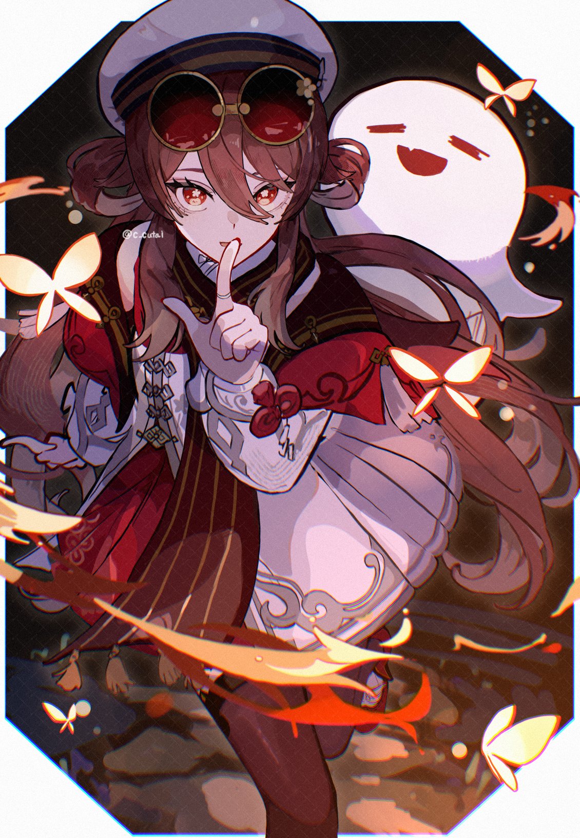 1girl, boo_tao_(genshin_impact), brown_hair, c_cutai, chinese_clothes, cowboy_shot, dress, eyewear_on_head