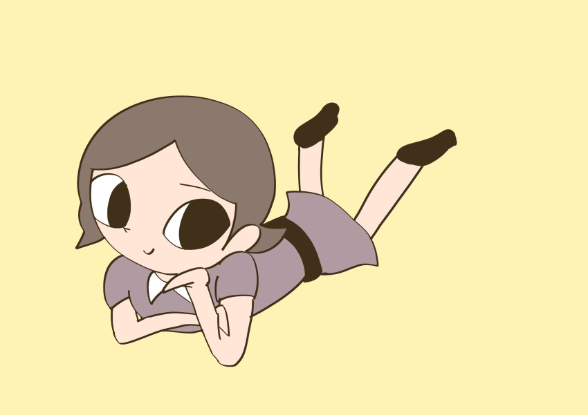 1girl, brown_hair, closed_mouth, dress, hai_yorokonde, highres, kanehisa_kazuya, looking_at_viewer, lying, on_stomach, pink_dress, simple_background, smile, solo, yellow_background