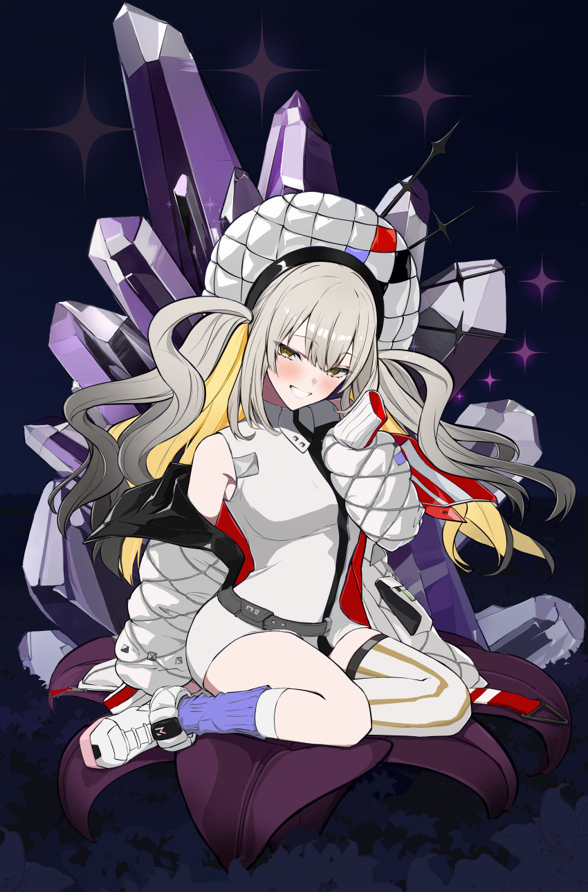 1girl, absurdres, blonde_hair, breasts, colored_inner_hair, down_jacket, dress, fate/grand_order