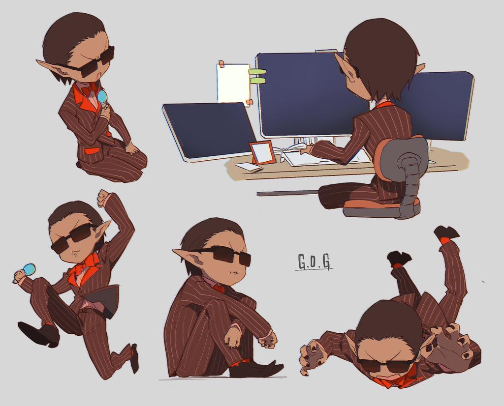 1boy, black_nails, black_shoes, bow, bowtie, brown_hair, brown_pants, chair, closed_mouth, deformed, grey_background, gwelu_os_gar, gwelu_os_gar_(1st_costume), holding, holding_microphone, jip, male_focus, microphone, multiple_views, nijisanji, on_chair, open_mouth, orange_bow, orange_bowtie, pants, shoes, suit, sunglasses, virtual_youtuber