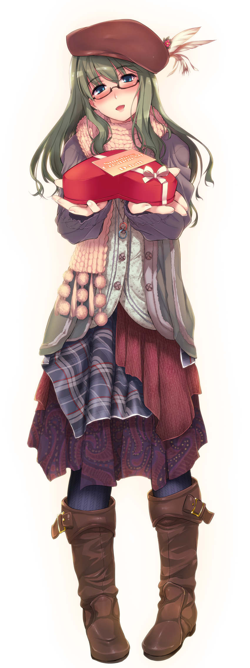 blue_eyes, blush, boots, coat, glasses, green_hair, hat, highres