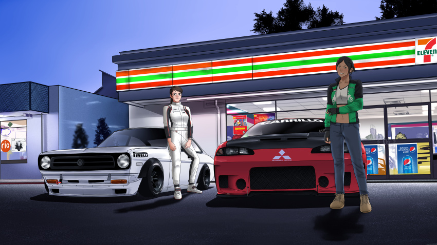 2girls, 7-eleven, absurdres, ad, amoemo, black_hair, breasts, brown_shoes