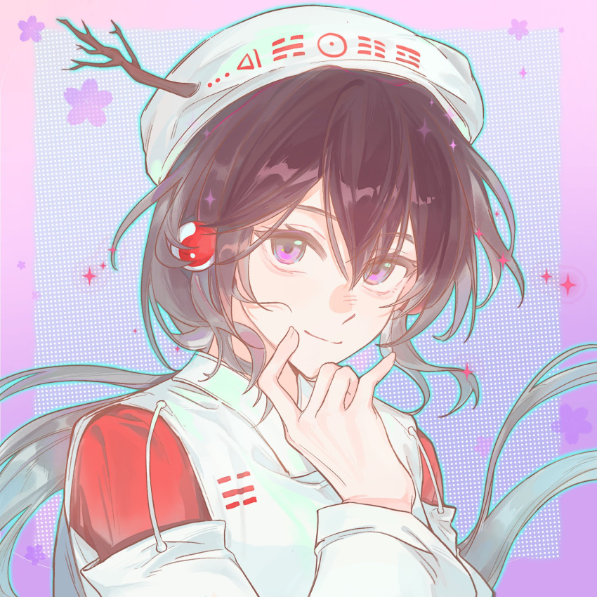 1girl, beret, black_hair, branch, commentary_request, detached_sleeves, earrings, happy