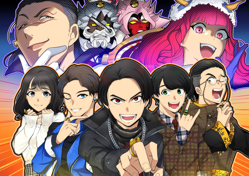 3girls, 6+boys, absurdres, bakugami_ryugi, black_eyes, black_hair, black_jacket, blue_eyes