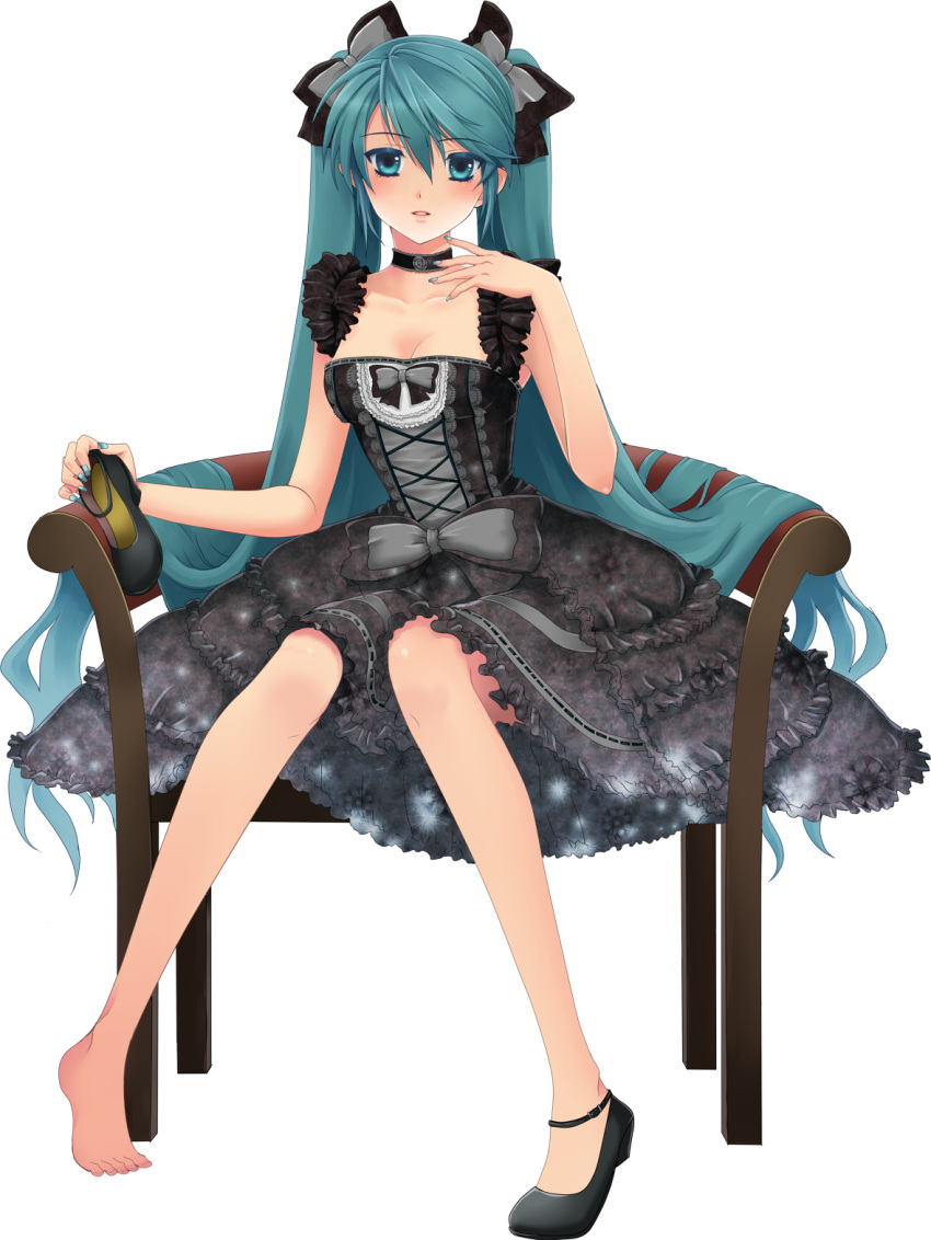 aqua_eyes, aqua_hair, barefoot, bow, chair, choker, dress, formal