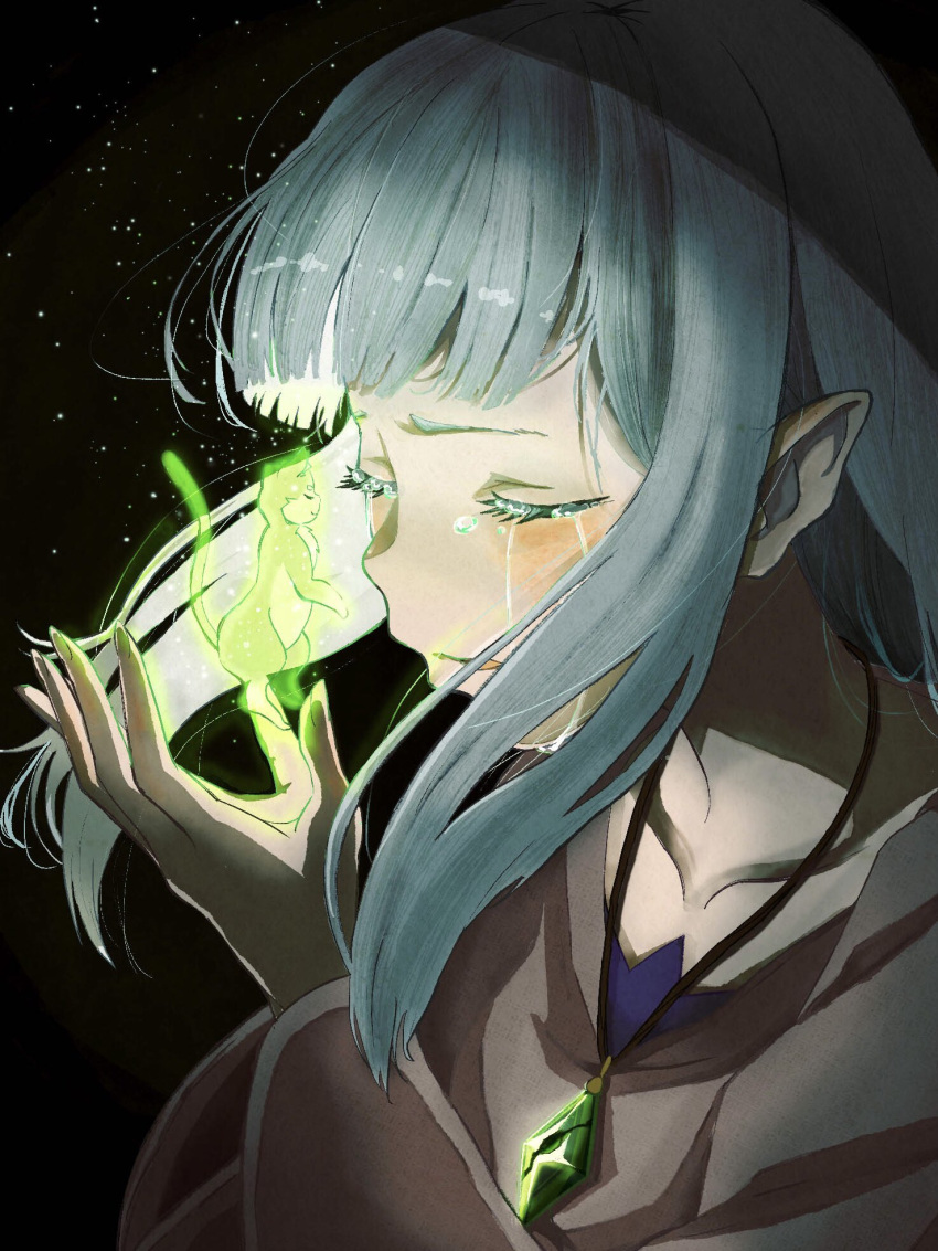 1girl, 1other, black_background, blue_hair, blunt_bangs, blush, cat, character_request