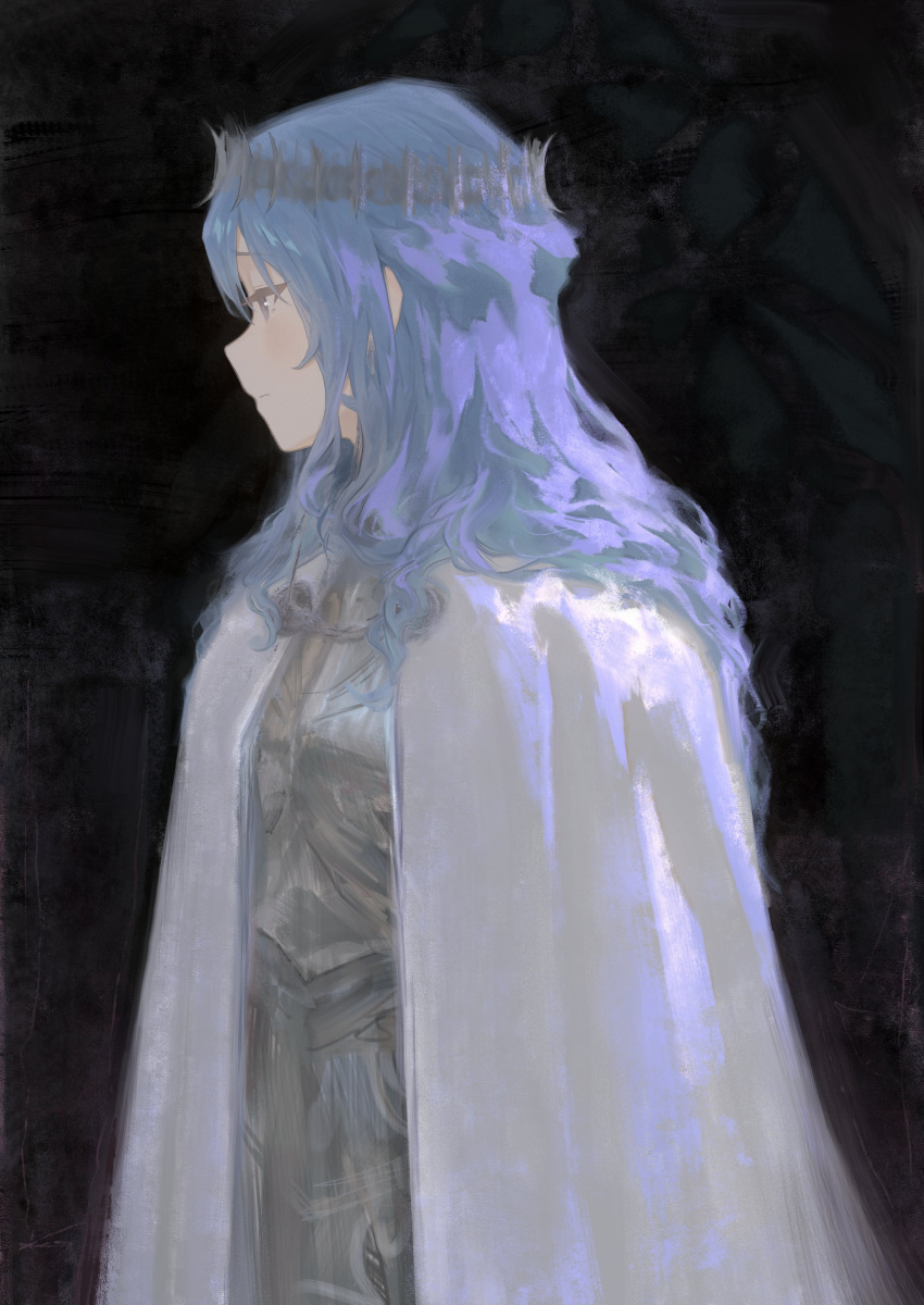 absurdres, alternate_costume, alternate_hairstyle, armor, black_background, bliss_htt, blue_hair, circlet