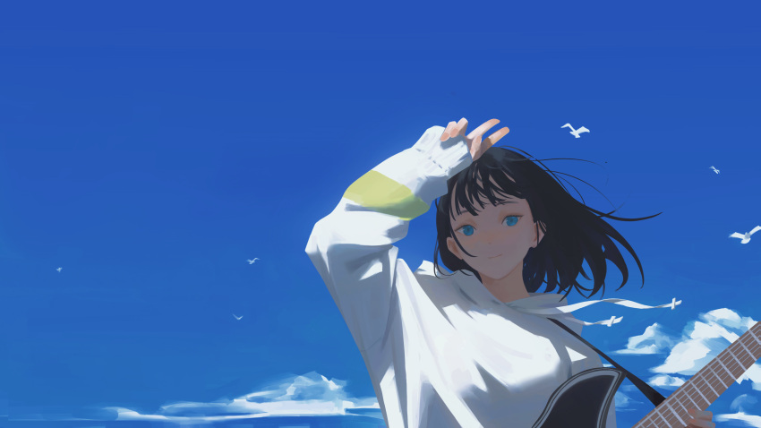 1girl, absurdres, arm_up, bird, black_hair, blue_eyes, chinese_commentary, closed_mouth