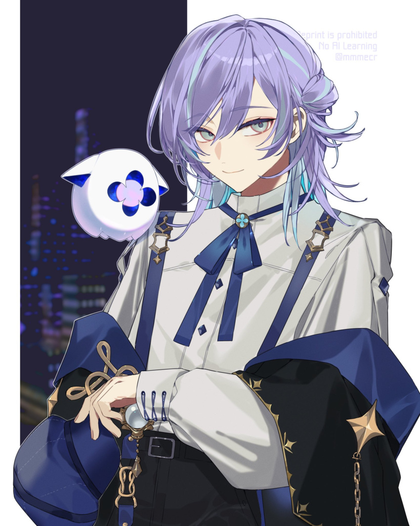 1boy, artist_name, belt, belt_buckle, black_belt, black_cape, black_pants, blue_cape