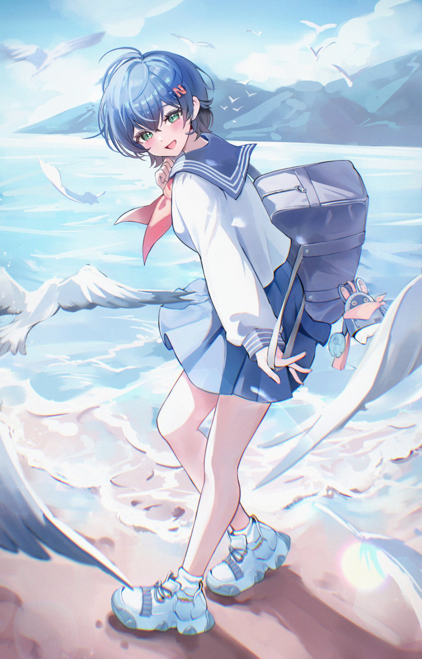 1girl, alternate_costume, bag, belle_(zenless_zone_zero), bird, blue_hair, blue_sailor_collar, blue_skirt