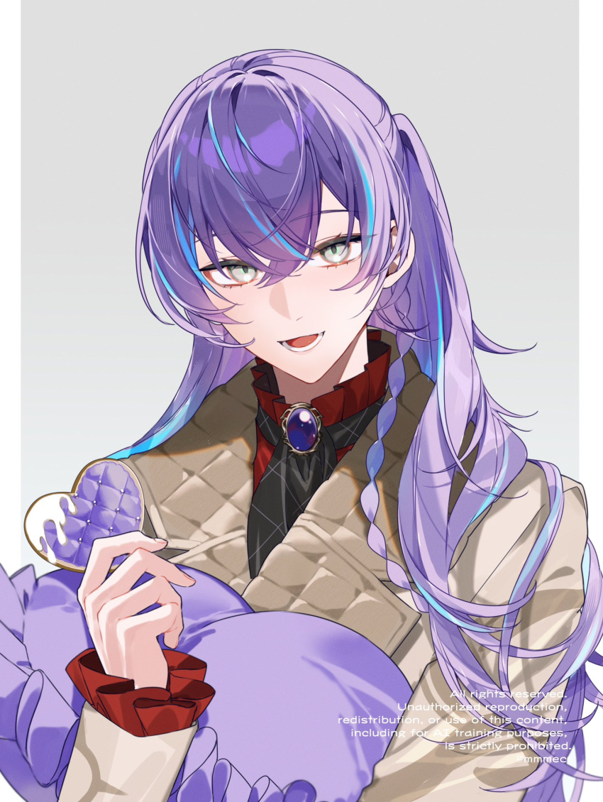 1boy, :d, artist_name, ascot, black_ascot, blue_hair, braid, brooch