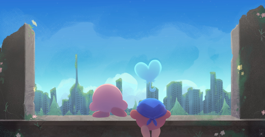 artist_logo, bandana, bandana_waddle_dee, blue_bandana, blue_sky, cityscape, colored_skin, elfilin