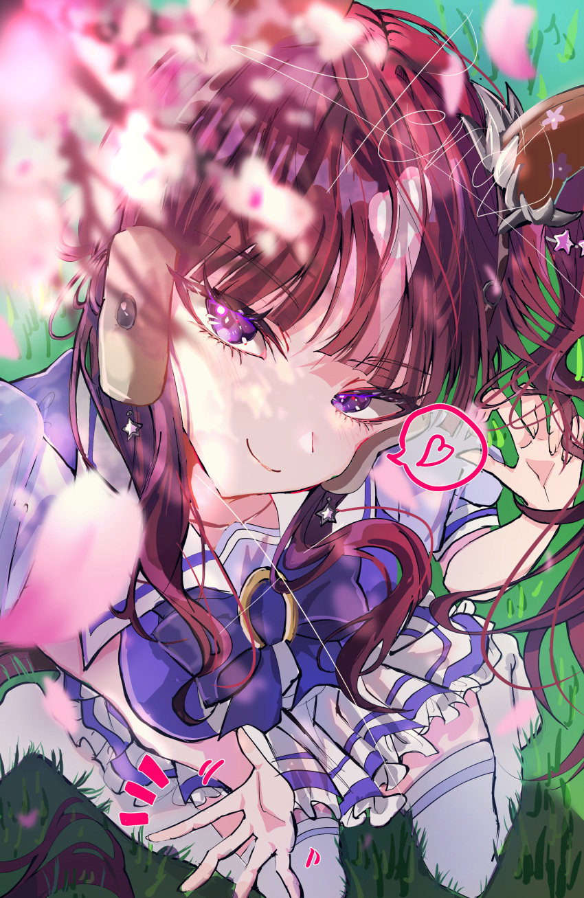 1girl, absurdres, animal_ears, blunt_bangs, blurry, blurry_foreground, bow, bowtie, brown_hair, cherry_blossoms, collarbone, ear_ornament, foreshortening, from_above, headgear, heart, highres, long_hair, looking_at_viewer, lucky_lilac_(umamusume), multicolored_hair, on_grass, outdoors, period_ky88, pleated_skirt, puffy_short_sleeves, puffy_sleeves, purple_bow, purple_bowtie, purple_shirt, sailor_collar, sailor_shirt, school_uniform, shirt, short_sleeves, side_ponytail, sidelocks, sitting, skirt, snowing, solo, spoken_heart, summer_uniform, thigh-highs, tracen_school_uniform, tsurime, two-tone_hair, umamusume, violet_eyes, wariza, white_sailor_collar, white_skirt, white_thighhighs