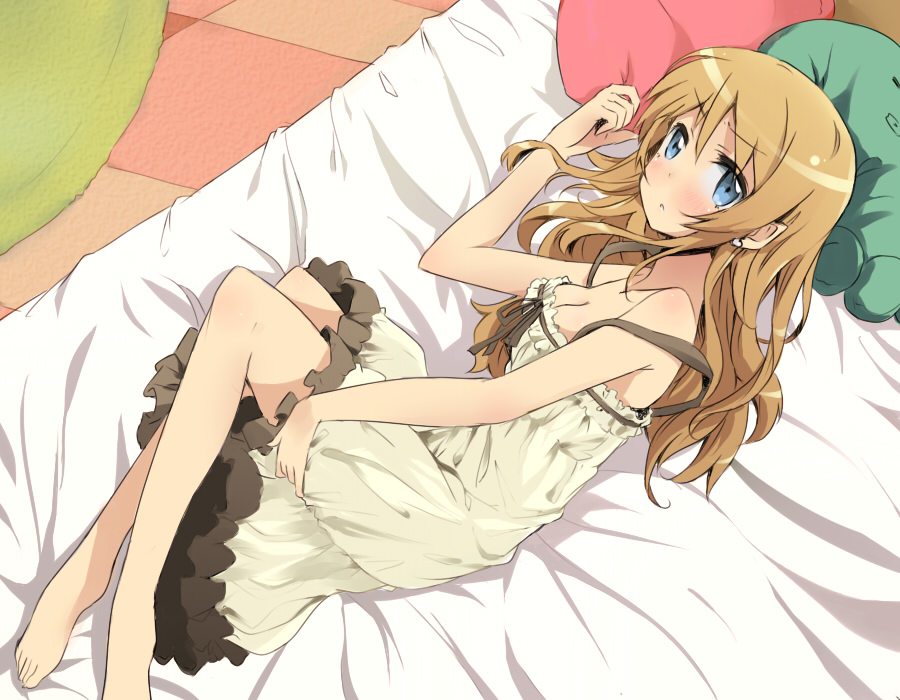 bare_shoulders, barefoot, bed, blonde_hair, blue_eyes, blush, breasts, cleavage, colored, dress, frills, kousaka_kirino, legs, lineart, lingerie, long_hair, lying, maromi_(am97), maromi_(artist), monochrome, nightgown, octopus, off_shoulder, on_side, ore_no_imouto_ga_konna_ni_kawaii_wake_ga_nai, solo, strap_slip, stuffed_toy, underwear