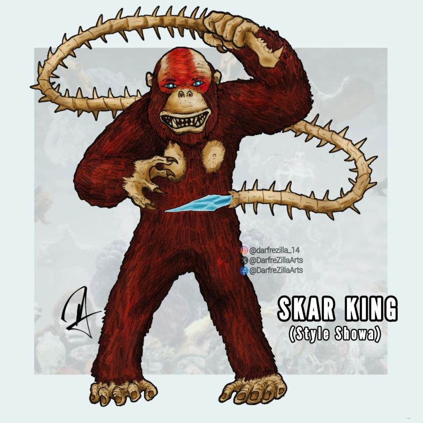 animal, ape, blue_eyes, bone_weapon, darfrezillaarts, godzilla_(series), godzilla_x_kong:_the_new_empire, highres, holding, holding_whip, jaw, kaiju, king_kong_(series), long_tail, monsterverse, no_humans, oversized_animal, sharp_teeth, skar_king, spiked_tail, tail, teeth, whip
