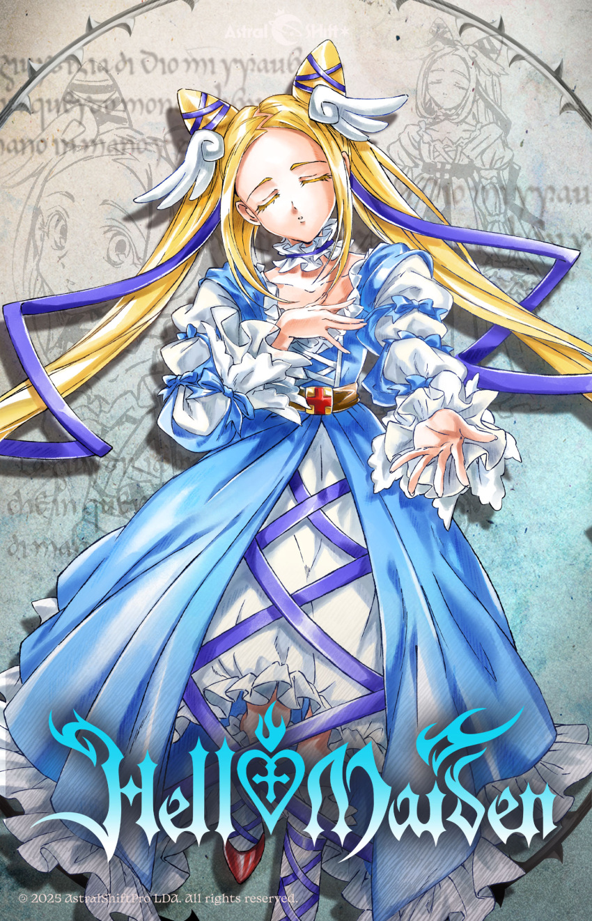 1girl, absurdres, beatrice_porhnari_(hell_maiden), beatrice_portinari, blonde_hair, blue_dress, blue_eyes, cone_hair_bun