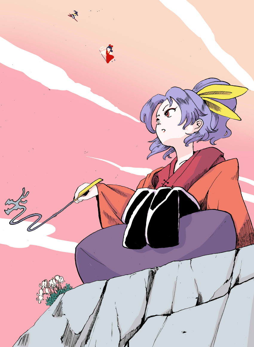 3girls, absurdres, ascot, black_dress, black_hair, black_hat, black_shoes, blonde_hair, bow, broom, broom_riding, cliff, clouds, commentary_request, detached_sleeves, dragon, dress, feet_out_of_frame, fighting, floating_hair, flower, flying, frilled_dress, frills, gohei, gradient_sky, hair_ribbon, hakurei_reimu, hat, highres, holding, holding_smoking_pipe, japanese_clothes, kimono, kirisame_marisa, kiseru, komakusa_sannyo, long_hair, long_skirt, looking_up, medium_hair, multiple_girls, one-hour_drawing_challenge, open_mouth, orange_sky, pink_sky, ponytail, purple_hair, purple_skirt, red_bow, red_dress, red_eyes, red_kimono, ribbon, sash, shoes, sitting, skirt, sky, smoke, smoke_trail, smoking_pipe, touhou, uokin2, v-shaped_eyebrows, white_sash, white_sleeves, witch_hat, yellow_ascot, yellow_ribbon