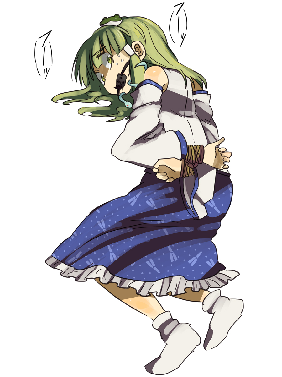 arms_behind_back, bad_id, ball_gag, ballgag, bdsm, bondage, bound_wrists, detached_sleeves, frog, from_behind, gag, gagged, green_hair, hachi_(8bit_canvas), hair_ornament, highres, kochiya_sanae, long_hair, looking_back, nervous, snake, solo, touhou