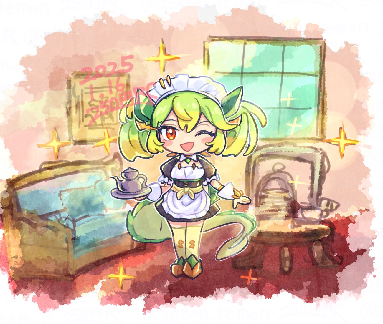 1girl, 250en_remon, black_dress, chibi, dragon_girl, dragon_horns, dragon_tail, dress