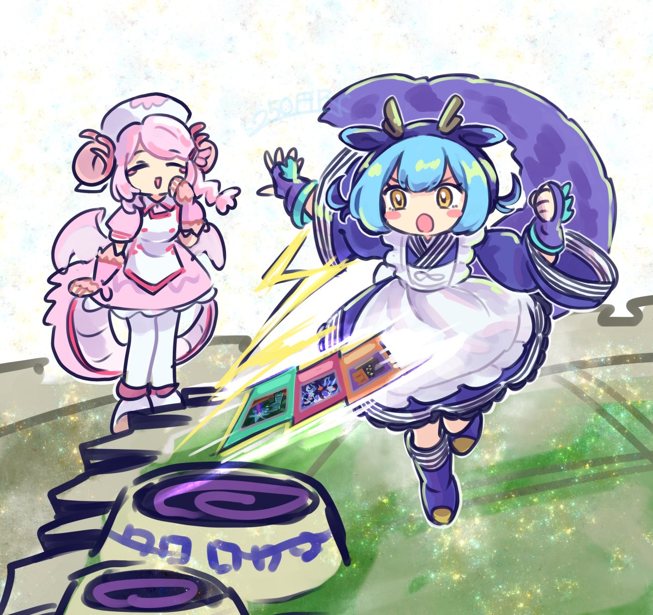 250en_remon, 2girls, blue_kimono, called_by_the_grave, card, closed_eyes, dragon_girl, dragon_horns