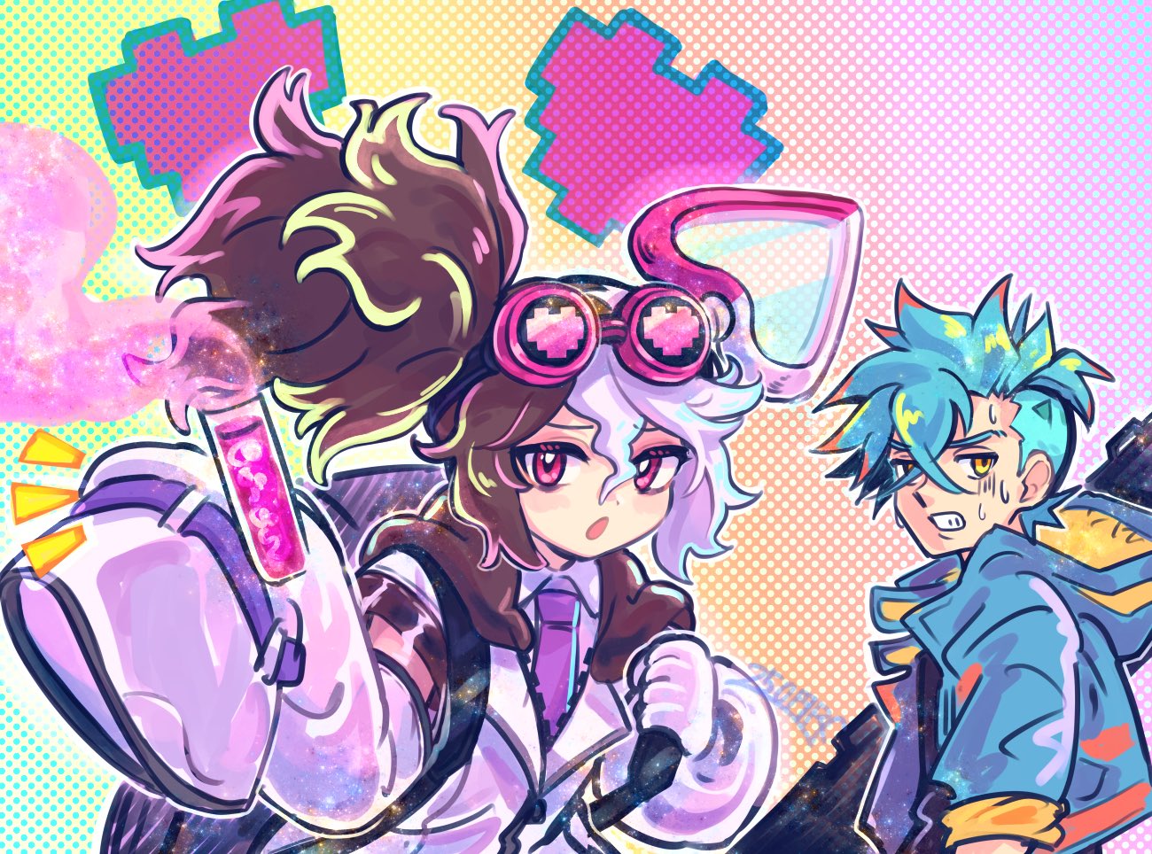 1boy, 1girl, 250en_remon, asymmetrical_sleeves, black_hair, blue_hair, blue_jacket, duel_monster