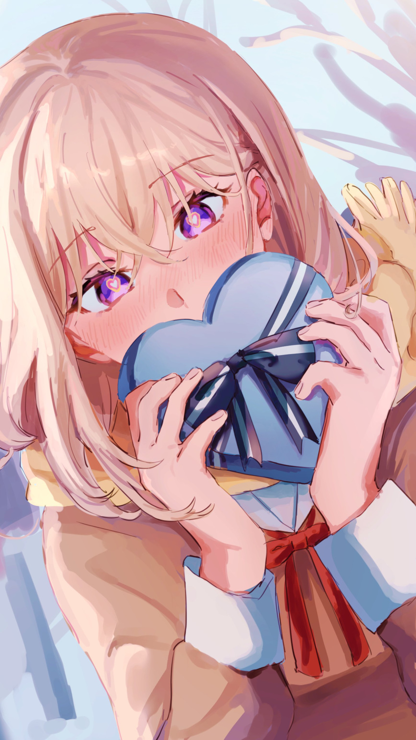 1girl, absurdres, bang_dream!, bang_dream!_it's_mygo!!!!!, baryumejuya, blonde_hair, box, brown_dress, commentary, dress, hair_between_eyes, hanasakigawa_school_uniform, heart, heart-shaped_box, heart-shaped_pupils, highres, implied_yuri, long_sleeves, looking_at_viewer, medium_hair, misumi_uika, neck_ribbon, red_ribbon, ribbon, sailor_dress, school_uniform, solo, symbol-shaped_pupils, togawa_sakiko, valentine, violet_eyes
