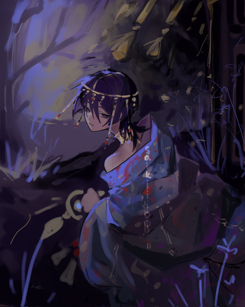 1boy, alternate_costume, bare_tree, blunt_ends, circlet, closed_mouth, expressionless, flower