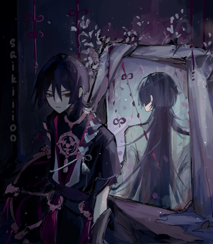 1boy, alternate_hair_length, alternate_hairstyle, arm_at_side, armor, artist_name, black_eyes, black_hair