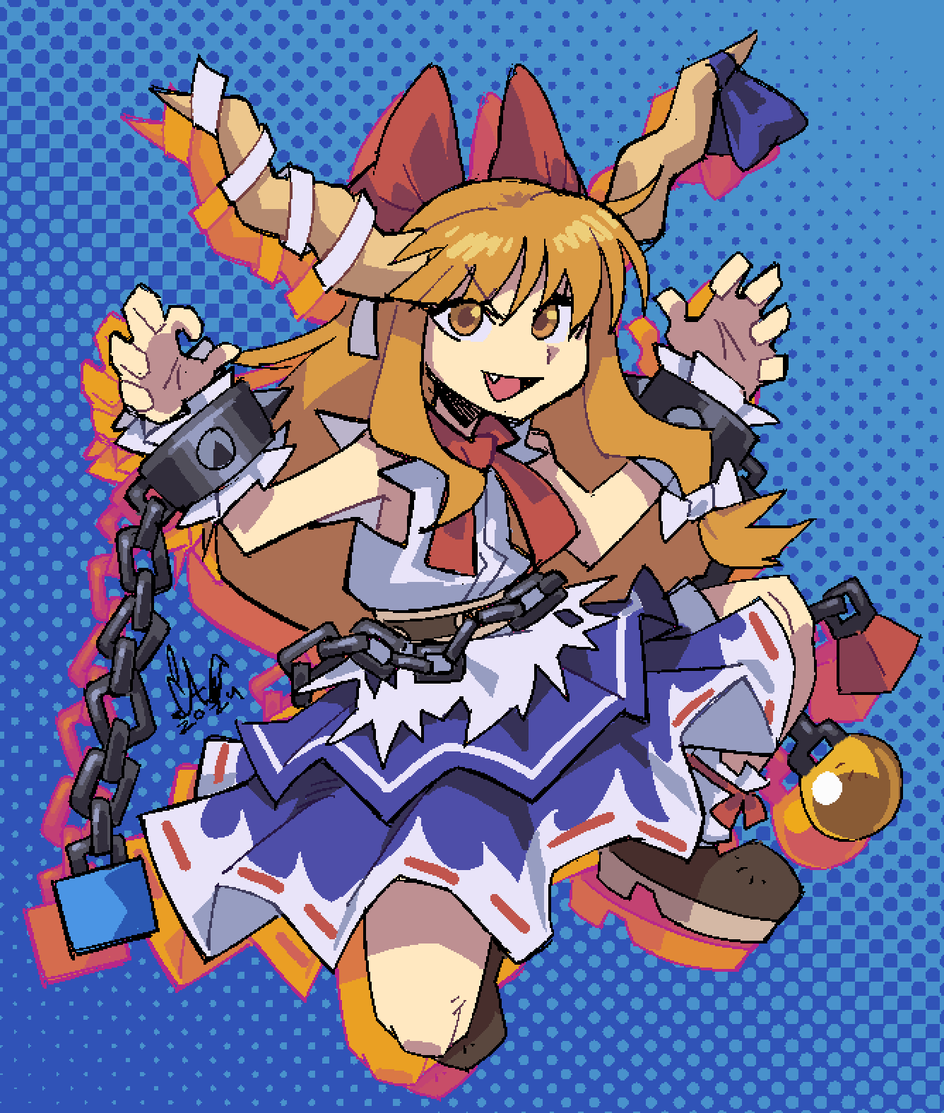 1girl, blue_skirt, bow, brown_eyes, caliginousarts, chain, claw_pose, cuffs