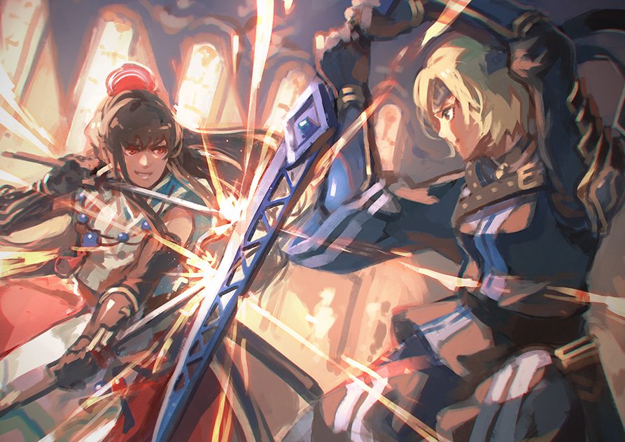 blonde_hair, brown_hair, chrodechild, clash, fighting_stance, garmmy, gensou_suikoden, gensou_suikoden_tierkreis, holding, holding_sword, holding_weapon, long_hair, smile, sword, sword_clash, sword_fight, weapon, yula