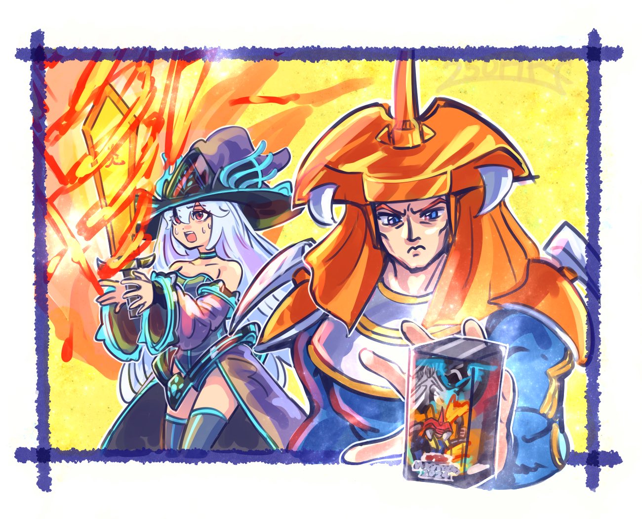 1boy, 1girl, 250en_remon, blue_eyes, blue_leotard, duel_monster, flame_swordsman, flaming_sword