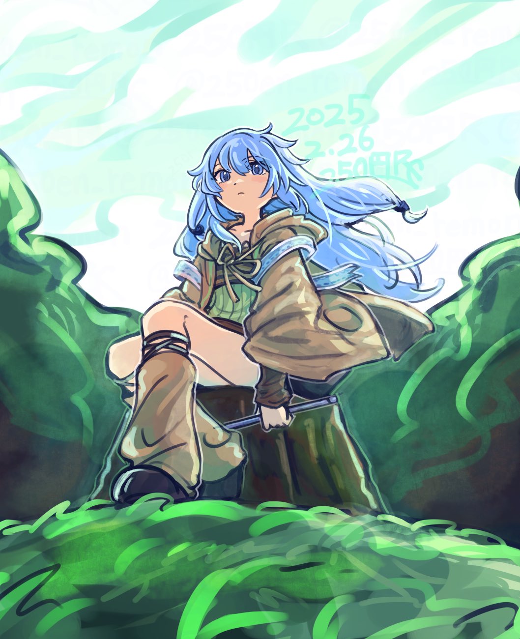 1girl, 2025, 250en_remon, blue_eyes, blue_hair, brown_jacket, dated, day, duel_monster, eria_(yu-gi-oh!), eria_the_water_charmer_gentle, floating_hair, from_below, full_body, grass, green_sweater, highres, holding, holding_wand, jacket, signature, sitting_on_tree_stump, solo, sweater, tree_stump, wand, yu-gi-oh!