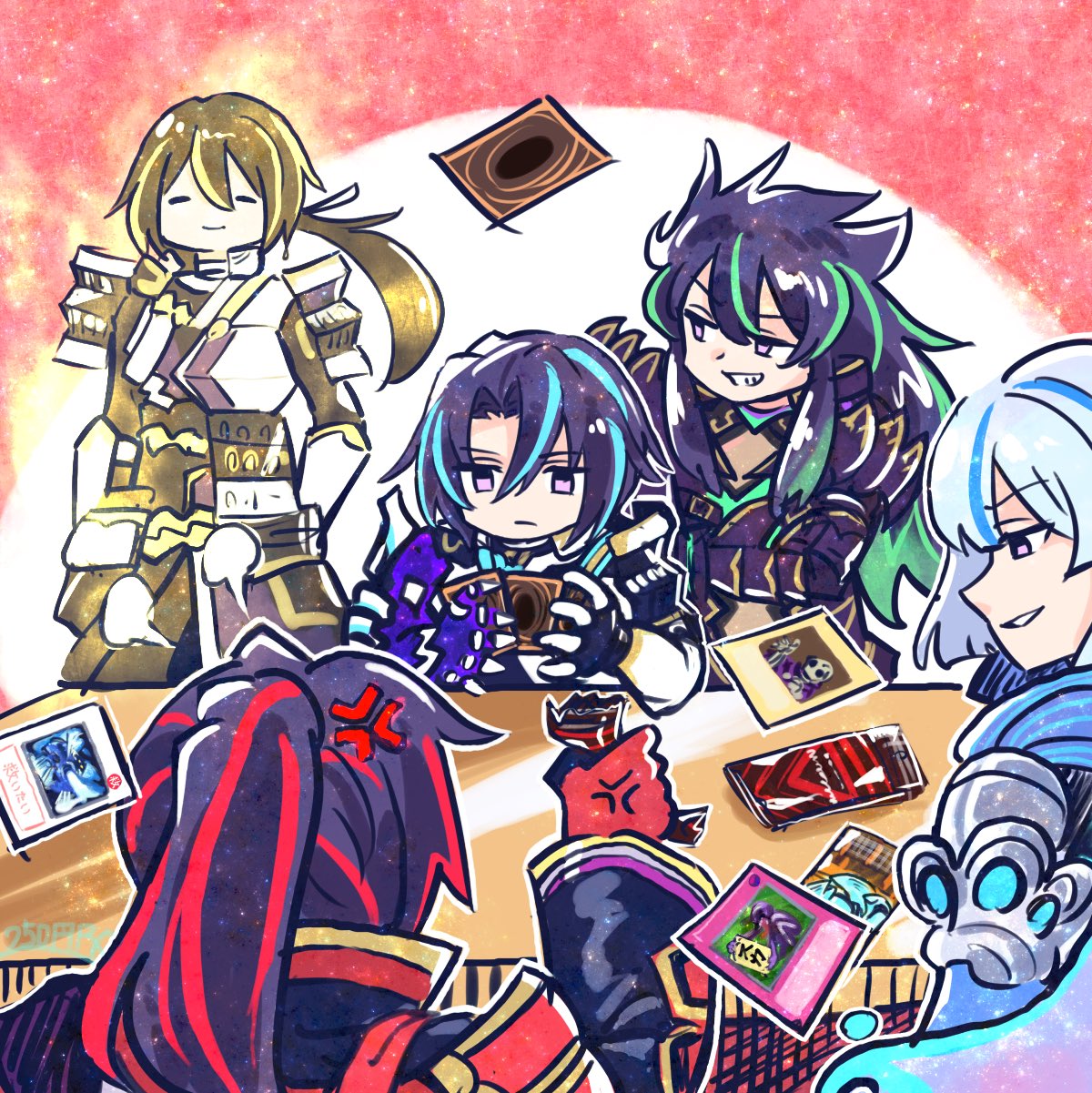 250en_remon, 5boys, anger_vein, angry, armor, blonde_hair, blue_hair, card