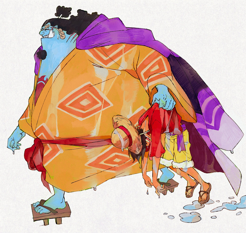 2boys, ^_^, black_hair, blue_skin, carrying, carrying_person, closed_eyes, coat