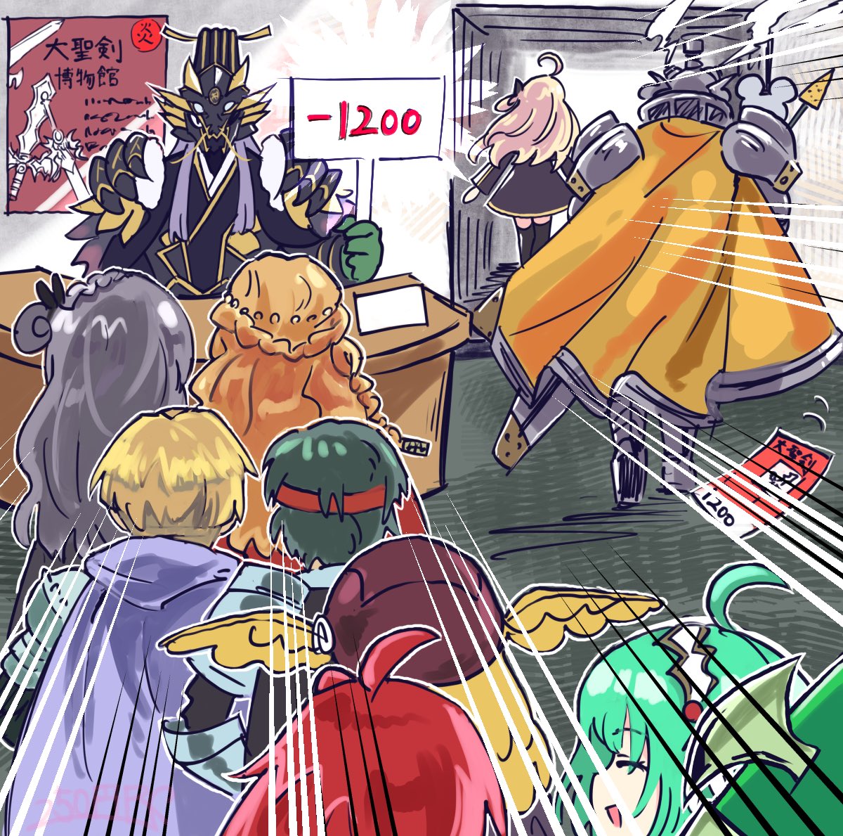 250en_remon, 4boys, 6+girls, armor, back, blonde_hair, character_request, counter