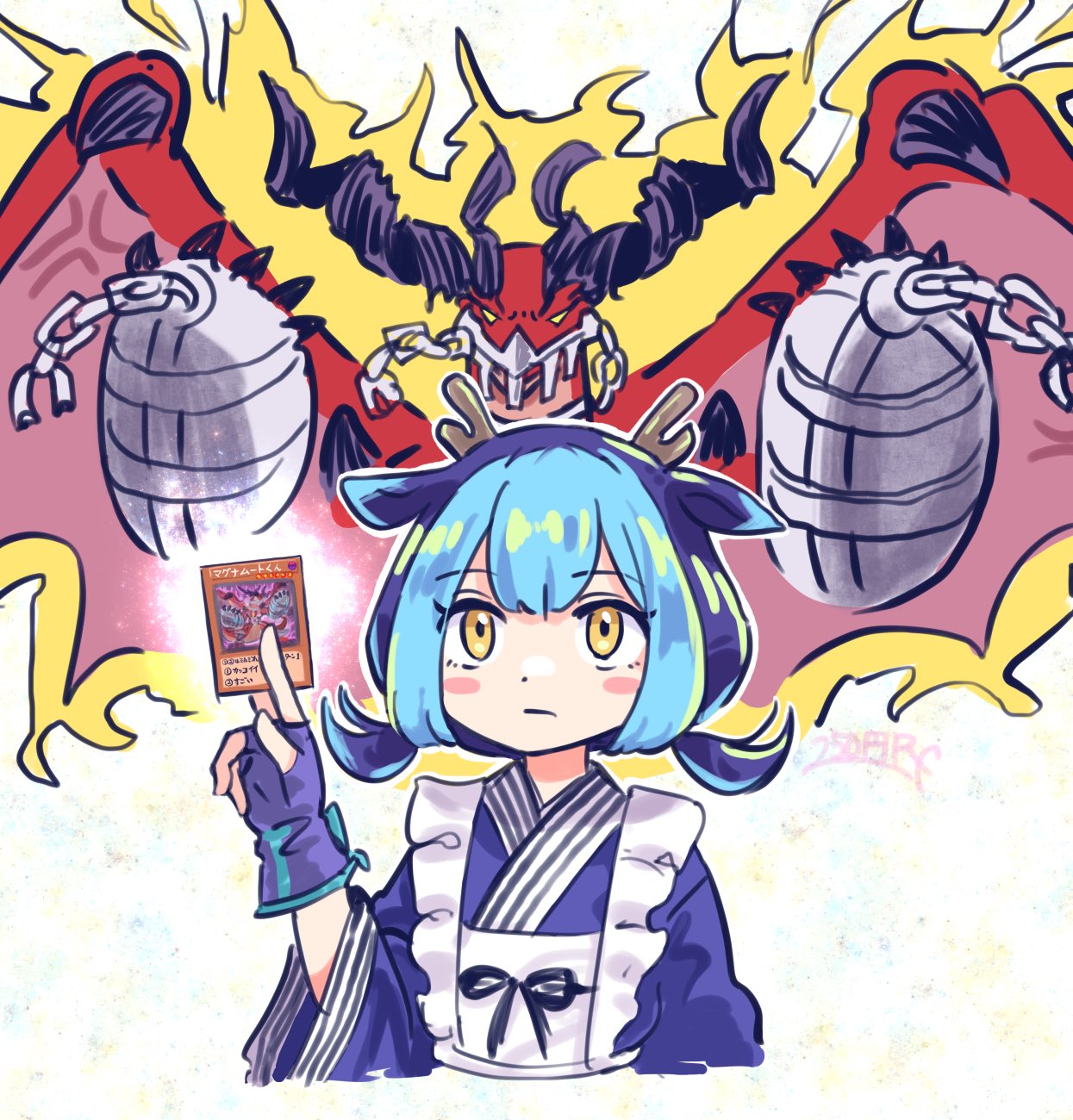 1girl, 250en_remon, apron, blue_hair, blue_kimono, bystial_magnumhut, card, dragon