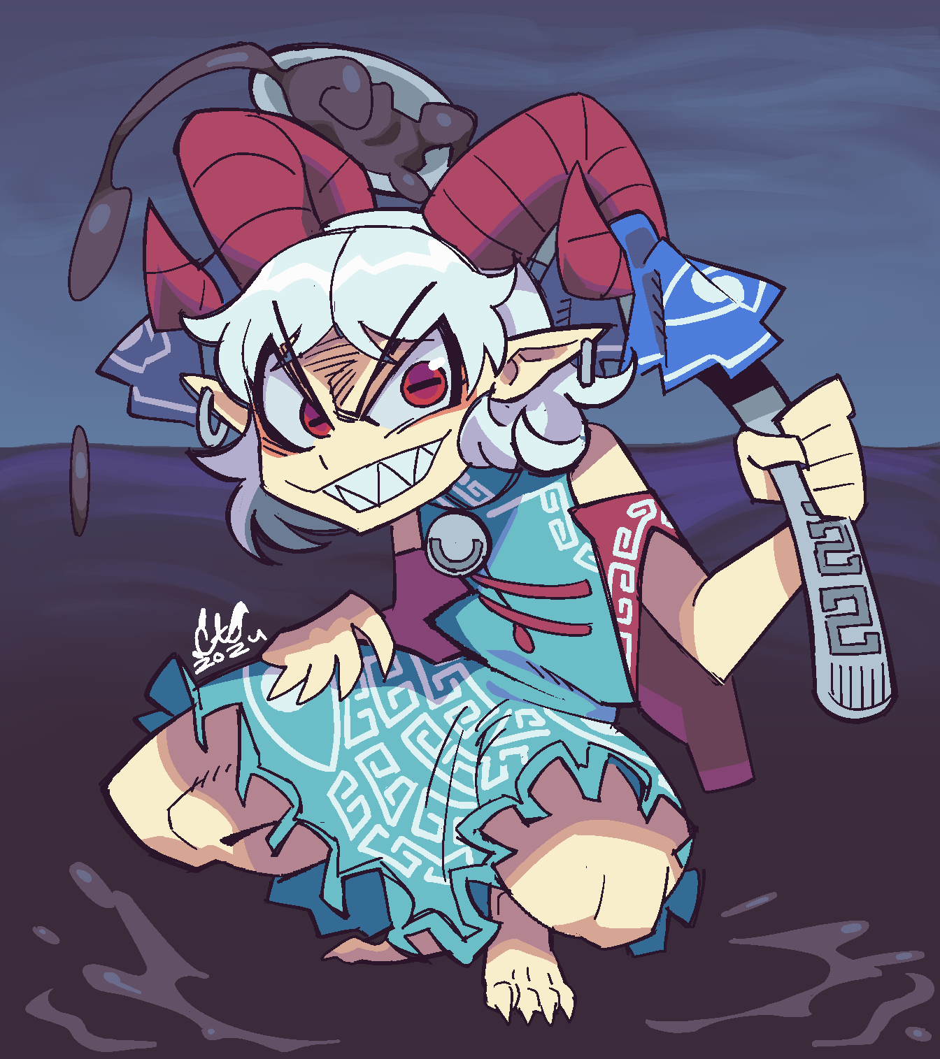 1girl, barefoot, black_liquid, blue_dress, caliginousarts, clawed_feet, claws, detached_sleeves