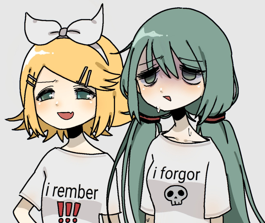 !, !!, 2girls, alternate_costume, alternate_hairstyle, bags_under_eyes, bangs_pinned_back, blonde_hair