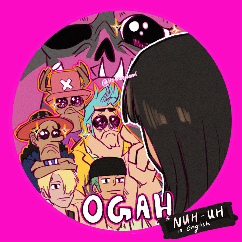 1girl, 6+boys, antlers, bandana, begging, black_bandana, black_hair, blonde_hair, blue_hair, circle, commentary, cross, franky_(one_piece), green_hair, hair_over_one_eye, highres, horns, itstheenami, long_nose, multiple_boys, nico_robin, oars_(one_piece), one_piece, pink_background, reindeer_antlers, roronoa_zoro, sanji_(one_piece), sideburns, sparkle, tony_tony_chopper, twitter_username, usopp, wristband