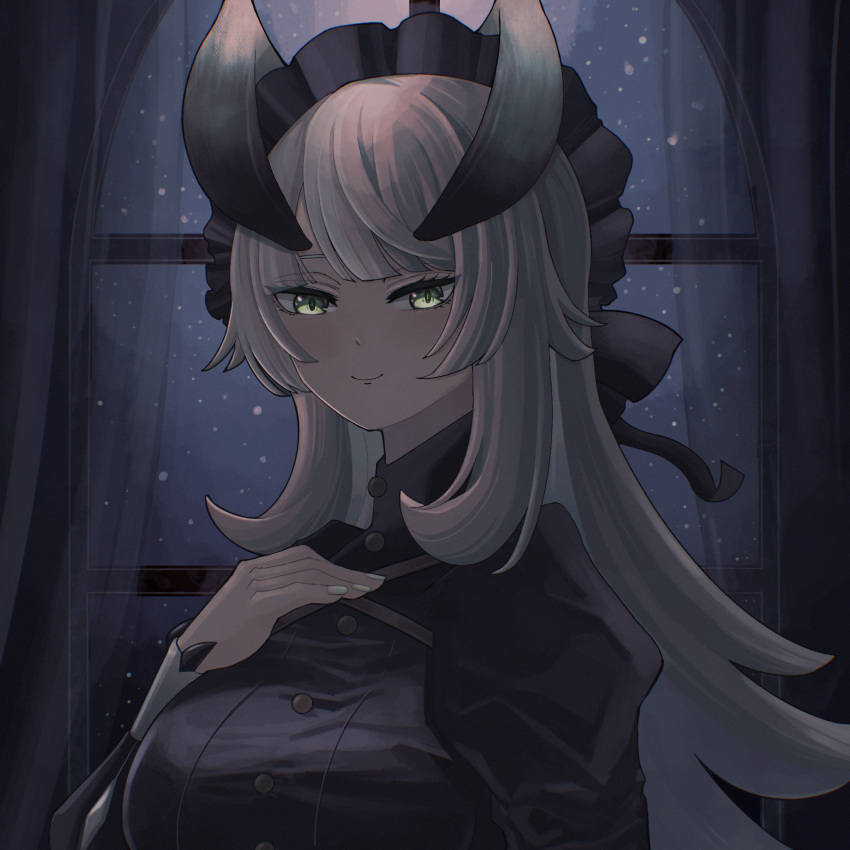 1girl, blush, breasts, chamber_dragonmaid, cowboy_shot, curtains, dragon_girl, dragon_horns, duel_monster, green_eyes, hand_on_own_chest, highres, horns, large_breasts, long_hair, looking_at_viewer, maid, night, night_sky, sky, smile, solo, star_(sky), starry_sky, tamatarou, upper_body, white_hair, white_nails, yu-gi-oh!