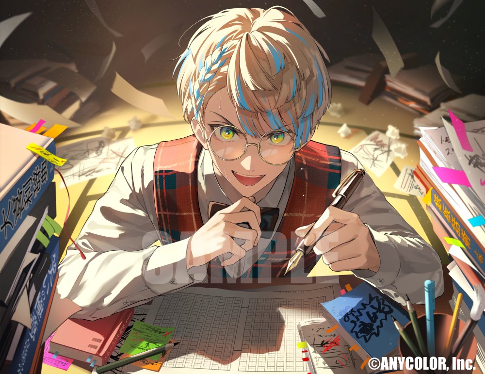 1boy, black_bow, black_bowtie, blonde_hair, blue_eyes, blue_hair, blurry, blurry_background, book, book_stack, bookmark, bow, bowtie, braid, brown_vest, collared_shirt, commentary_request, company_name, crumpled_paper, cup, falling_paper, glasses, hands_up, hibachi_mana, hibachi_mana_(2nd_costume), holding, holding_pen, indoors, koujisako, light_particles, long_sleeves, looking_at_viewer, male_focus, multicolored_eyes, multicolored_hair, nib_pen_(object), nijisanji, official_alternate_costume, official_art, open_mouth, paper, paper_stack, parted_bangs, pen, pencil, plaid_clothes, plaid_vest, round_eyewear, sample_watermark, shadow, shirt, short_hair, single_braid, solo, sticky_note, streaked_hair, sweat, table, tatami, teeth, upper_body, upper_teeth_only, v-shaped_eyebrows, vest, virtual_youtuber, watermark, white_shirt, wing_collar, yellow_eyes