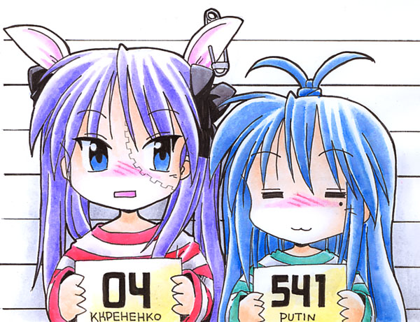 2girls, :3, =_=, animal_ears, blue_eyes, blue_hair, blush, bunny_ears, cosplay, hiiragi_kagami, izumi_konata, kirenenko, kirenenko_(cosplay), lineup, lucky_star, multiple_girls, norio, parody, purple_hair, putin, putin_(cosplay), safety_pin, usavich