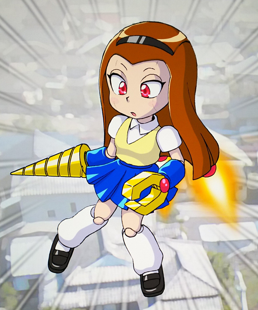 1girl, :o, android, black_hairband, black_shoes, blue_skirt, brown_hair, collared_shirt