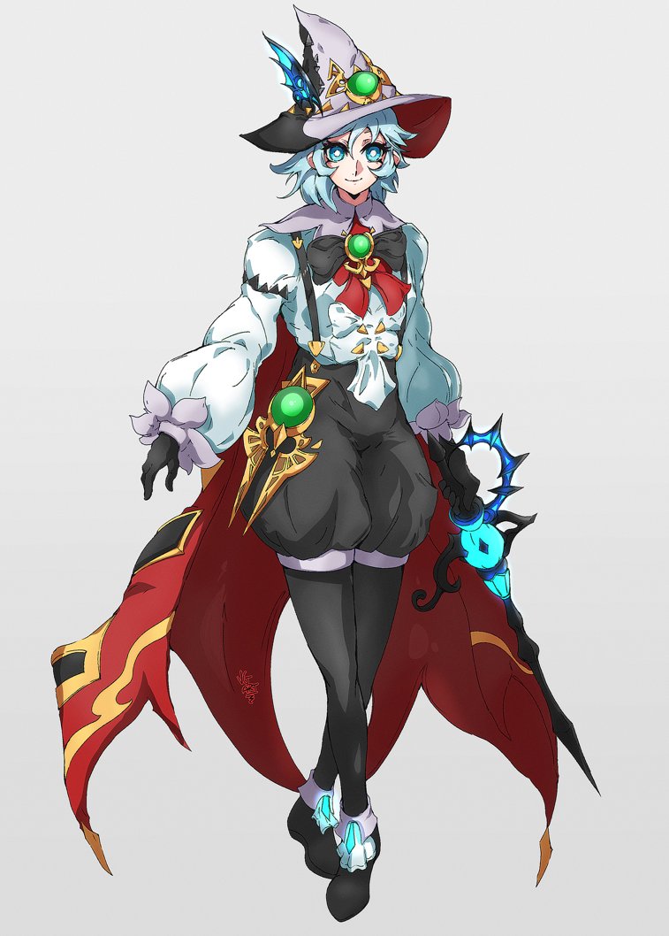 1girl, blue_eyes, cape, duel_monster, full_body, hat, holding, holding_sword, holding_weapon, looking_at_viewer, overalls, puffy_sleeves, red_cape, rucia_of_the_white_forest, shirt, smile, solo, standing, sword, vincent_graphic_art, weapon, white_hair, white_shirt, witch_hat, yu-gi-oh!