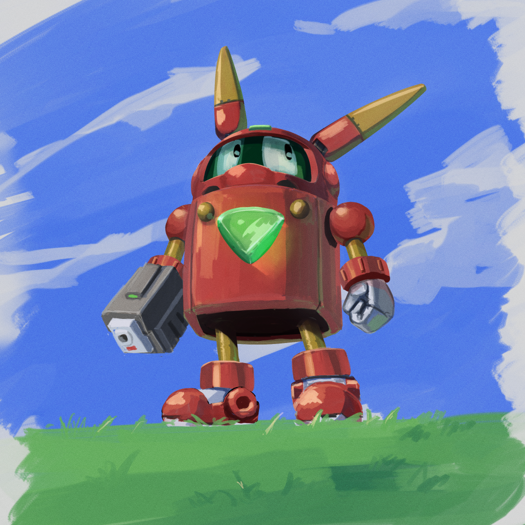 arm_cannon, armor, blue_sky, chest_jewel, clouds, core, forehead_jewel, full_body