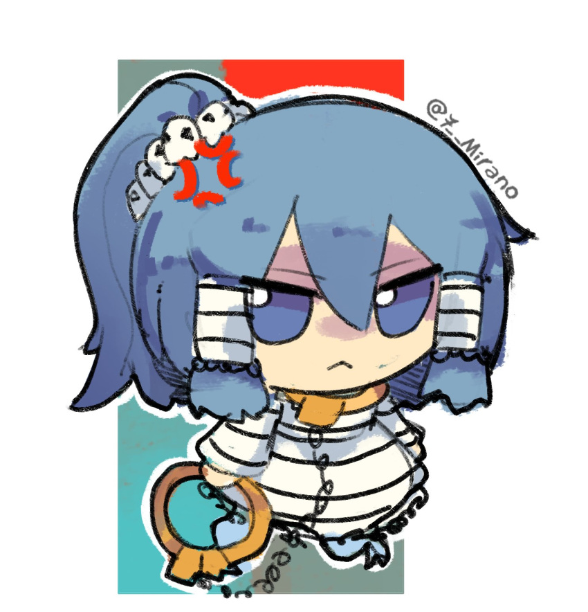 1girl, 7-mirano, :<, anger_vein, angry, blue_eyes, blue_hair, cuffs