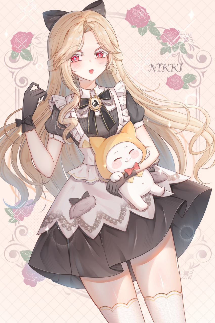 1girl, ^_^, absurdres, animal, apron, argyle_background, black_bow, black_bowtie